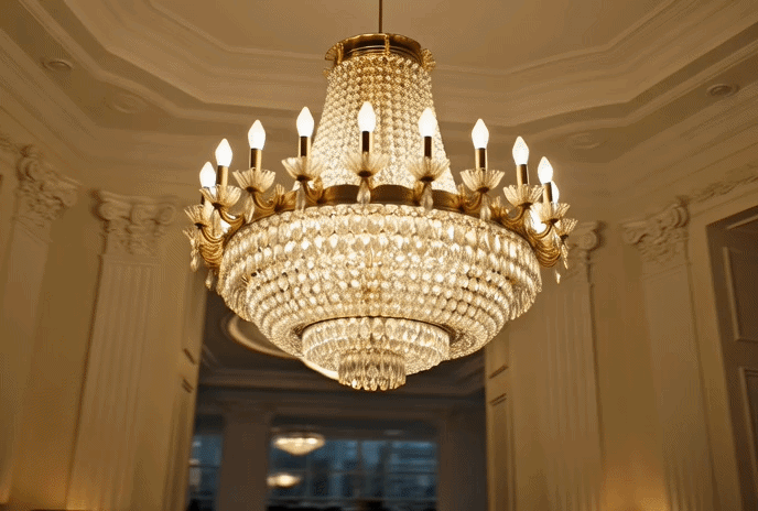 Modern minimalist golden pendant light glowing